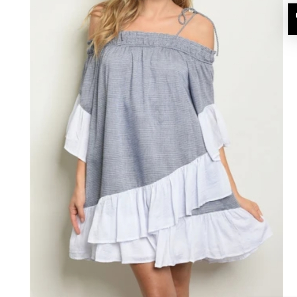 HOMMAGE Los Angeles LARGE Flowy Cotton BLUE & White Dress NWOT